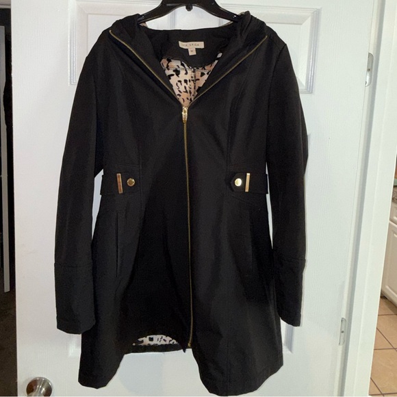 NewVia Spiga Black Fitted Animal Pattern Rain Coat Jacket with Zipper - Size M 🖤 - Picture 10 of 16